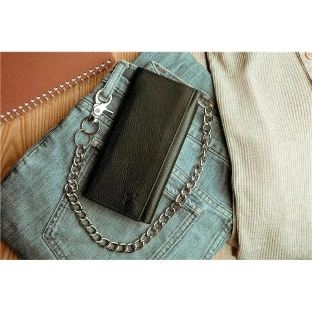Long Trifold Chain Wallet for Men, Leather Checkbook Cover, RFID Blocking chain